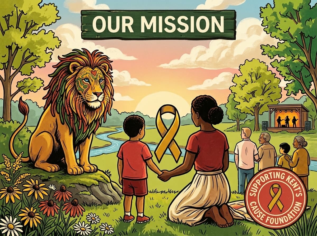 Our Mission — painted scene with rasta-mane Lion Heart lion, parent and child holding a gold pediatric cancer awareness ribbon, supporting Kent's Cause Foundation