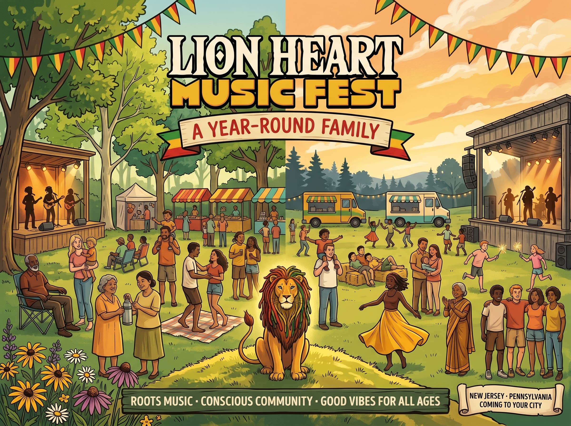 Lion Heart Music Fest — a year-round family. Roots music, conscious community, good vibes for all ages. New Jersey, Pennsylvania, coming to your city.