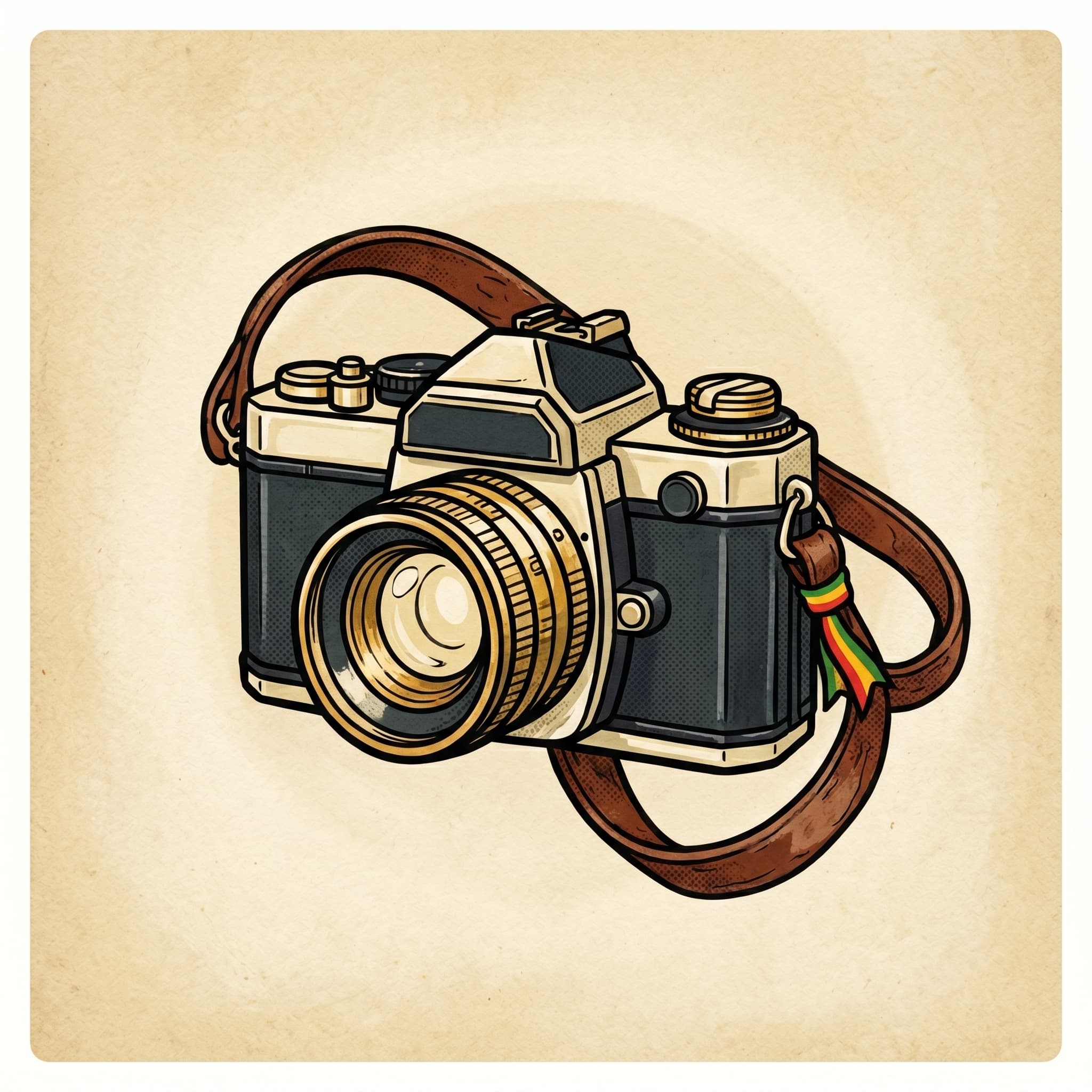 Press & Media — painted vintage 35mm film camera emblem