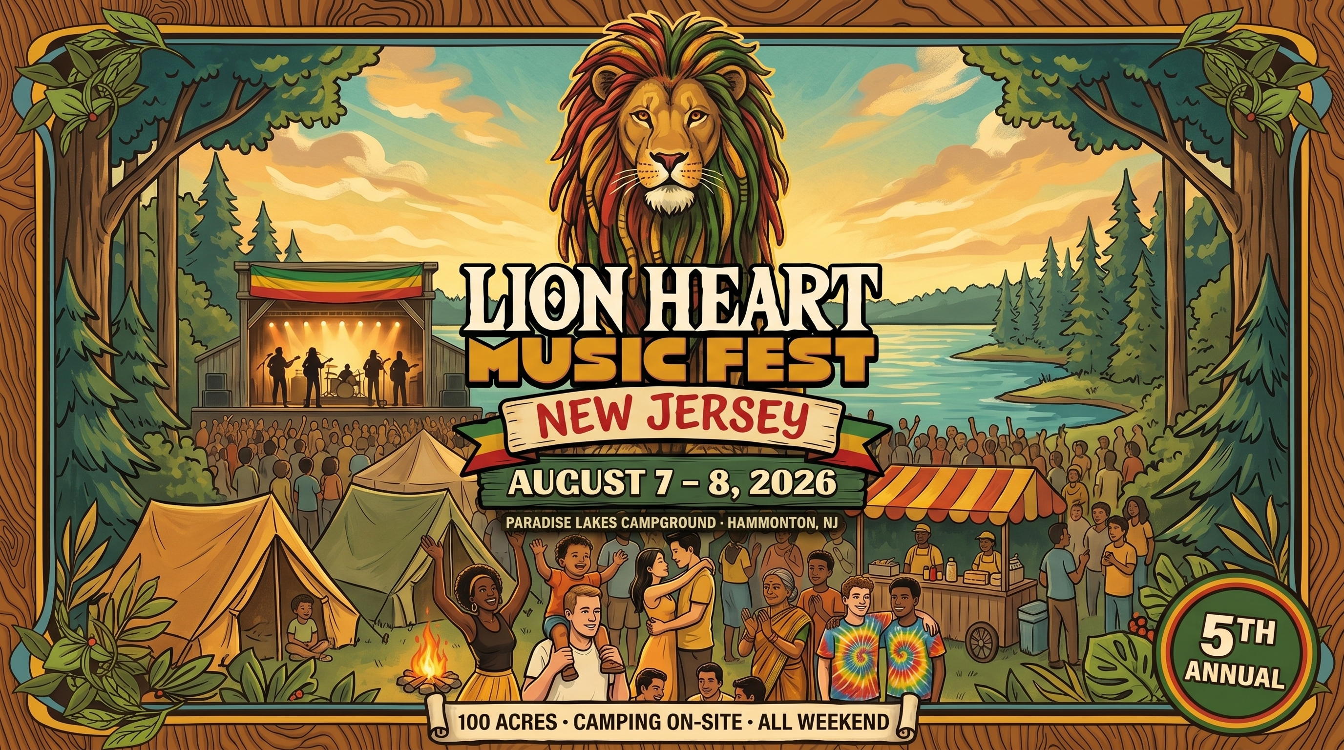 Lion Heart Music Fest New Jersey — August 7–8, 2026 at Paradise Lakes Campground, Hammonton NJ. 5th annual flagship festival, 100 acres, camping on-site, all weekend.
